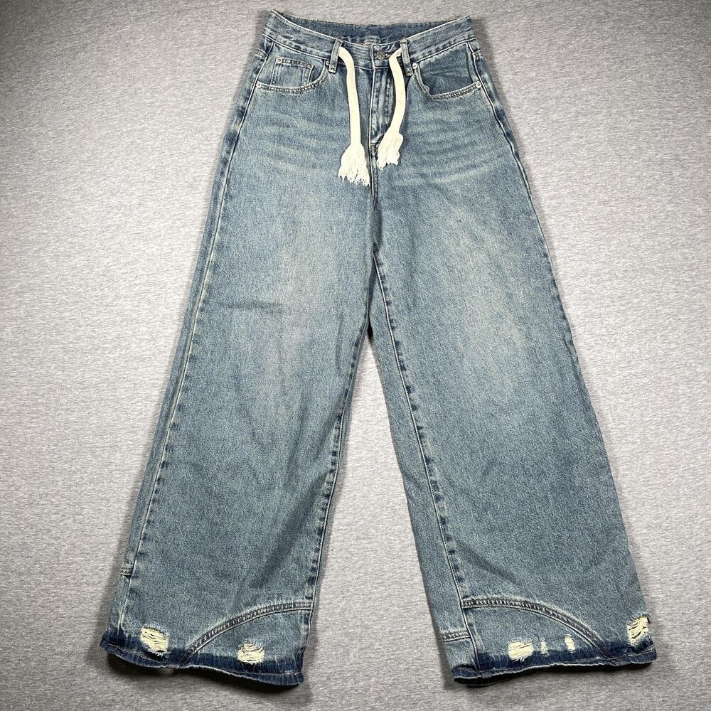 Chuu Jeans Womens 27 Blue Wide Leg Relaxed High Rise Distressed Tasseled